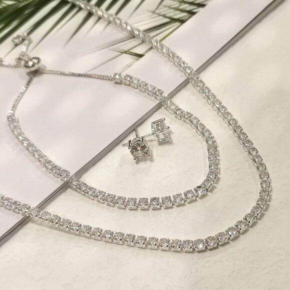 Sterling Silver Tennis Necklace Bracelet Set Dainty Hypoallergenic Jewelry for W - Picture 6 of 9